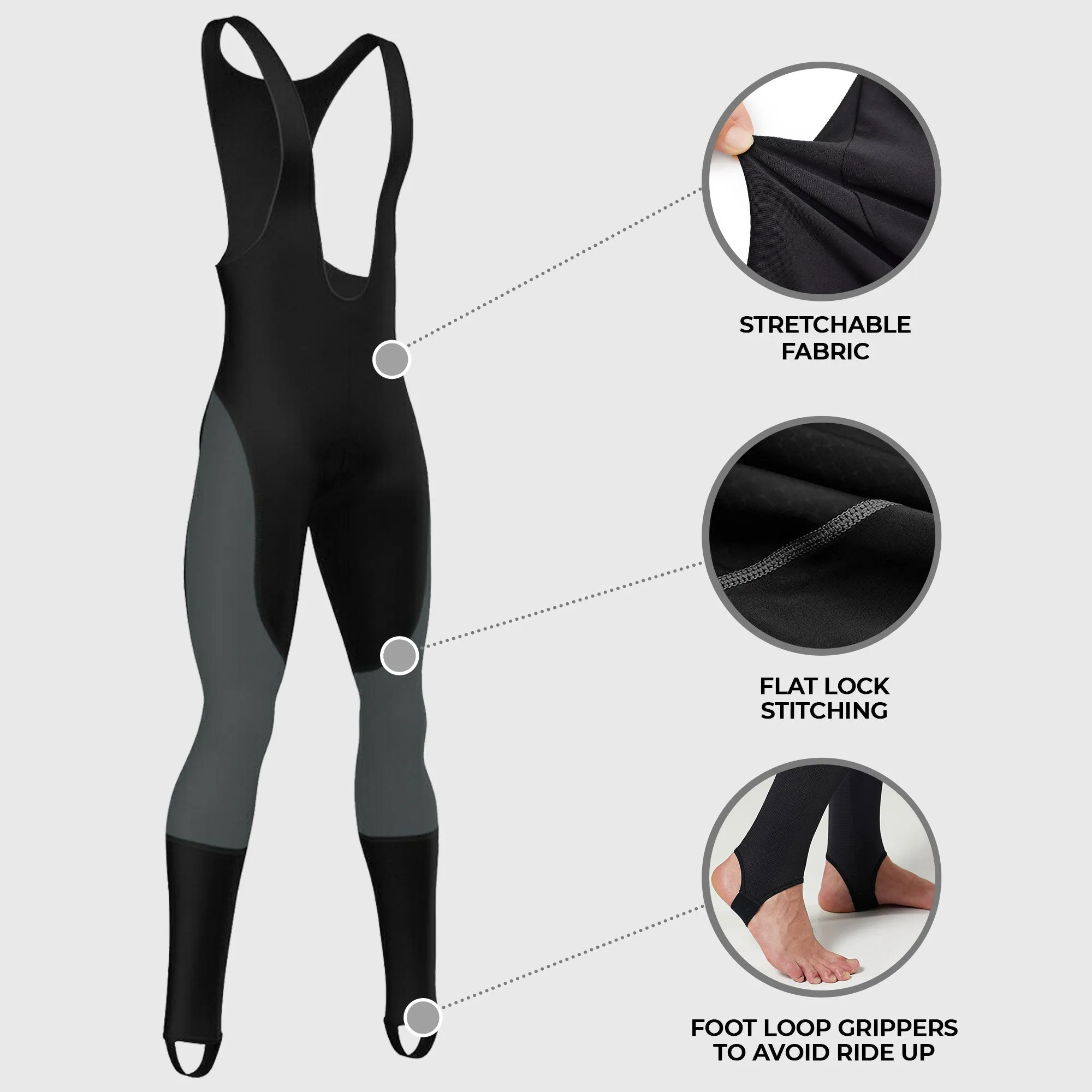 Fdx Cyclox Men's & Boy's Grey Thermal Padded Cycling Bib Tights