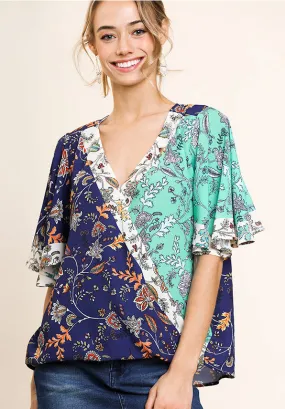 Floral Bell Sleeve Crossbody Top, Navy/Mint