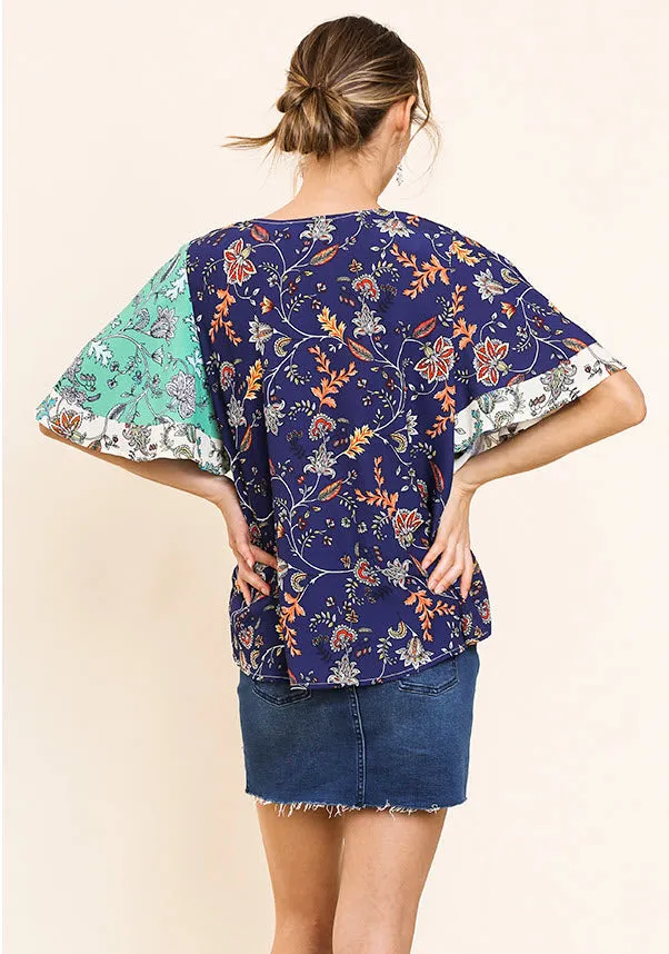 Floral Bell Sleeve Crossbody Top, Navy/Mint