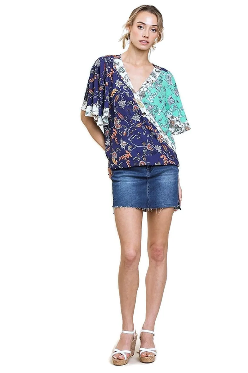 Floral Bell Sleeve Crossbody Top, Navy/Mint