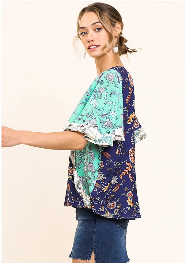 Floral Bell Sleeve Crossbody Top, Navy/Mint