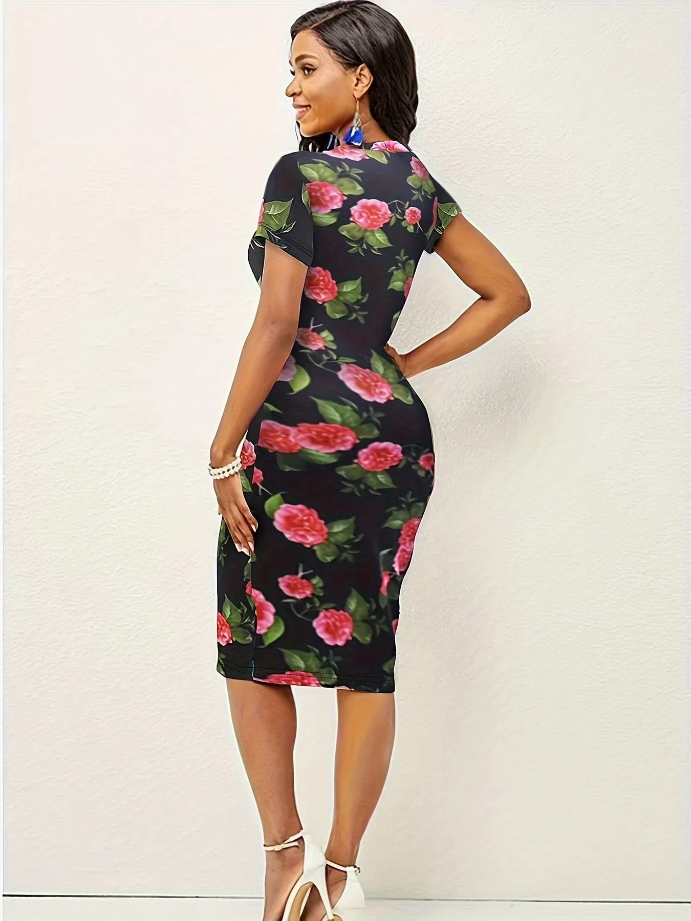 Floral Print Mock Neck Dress, Elegant Short Sleeve Bodycon Dress, Women's Clothing