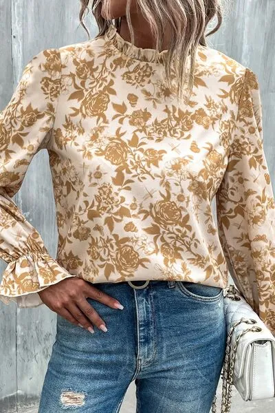 Floral Print Mock Neck Flounce Sleeve Blouse