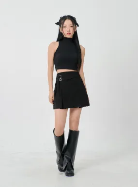 Folded Waist Two Buckle Pleated Mini Skirt BD23