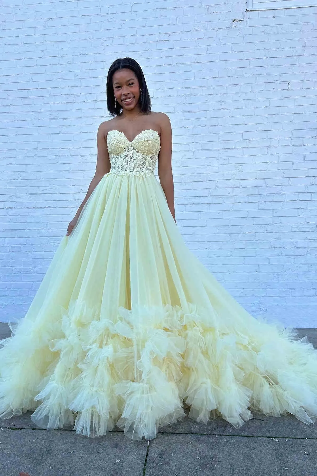 Gorgeous Strapless Yellow Lace Long Prom Dress with Train, Yellow Lace Formal Evening Dress, Yellow Ball Gown A2048