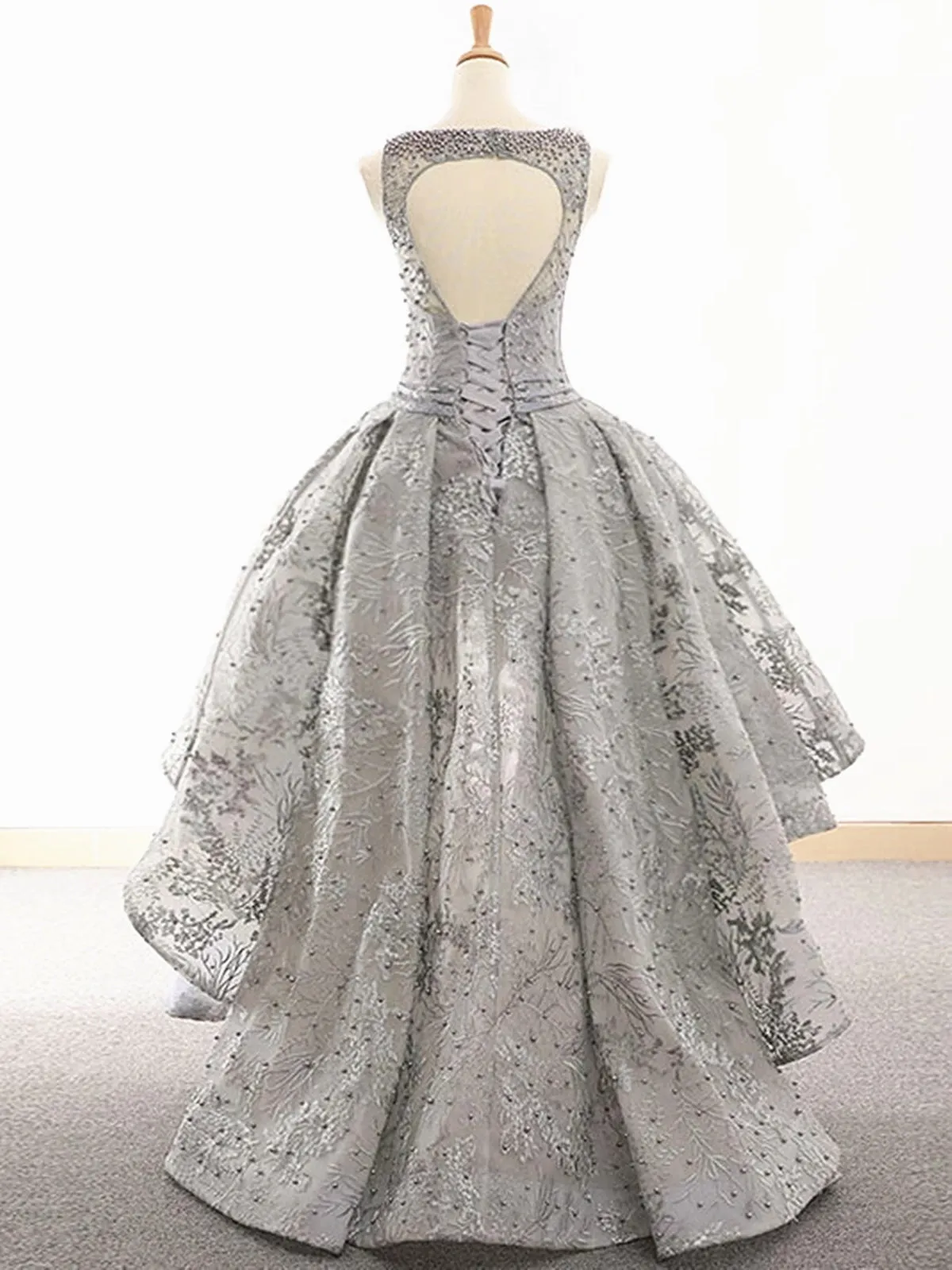 Gray Lace High Low Prom, Grey High Low Lace Formal Graduation Homecoming