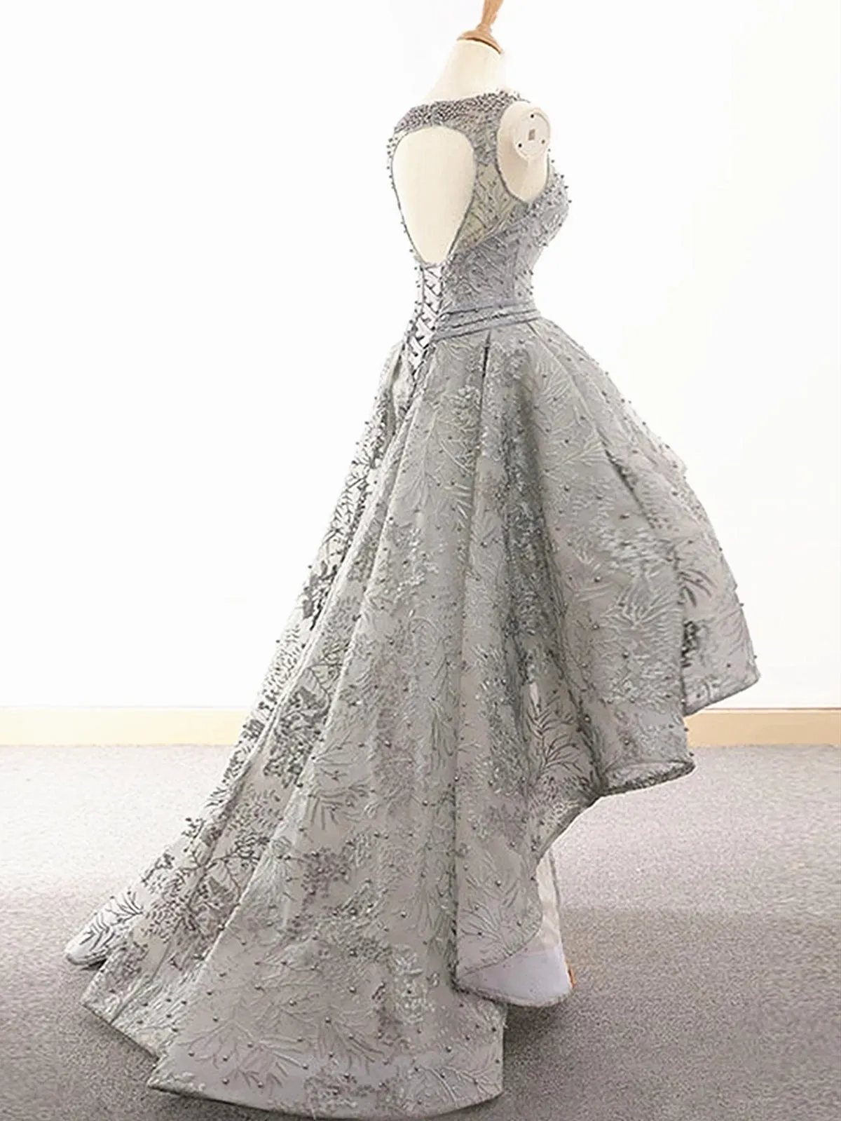 Gray Lace High Low Prom, Grey High Low Lace Formal Graduation Homecoming