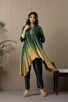 Green Ombre-Dyed Pure Satin Silk Co-Ord Set