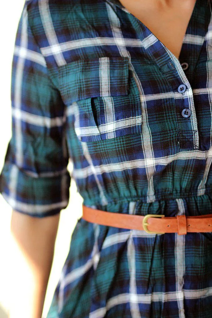 Green Plaid Tunic Dress with Belt