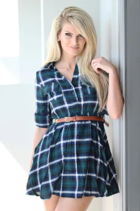 Green Plaid Tunic Dress with Belt