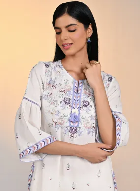 Gulshan Ivory With Blue Printed Cotton Linen Kurta For Women