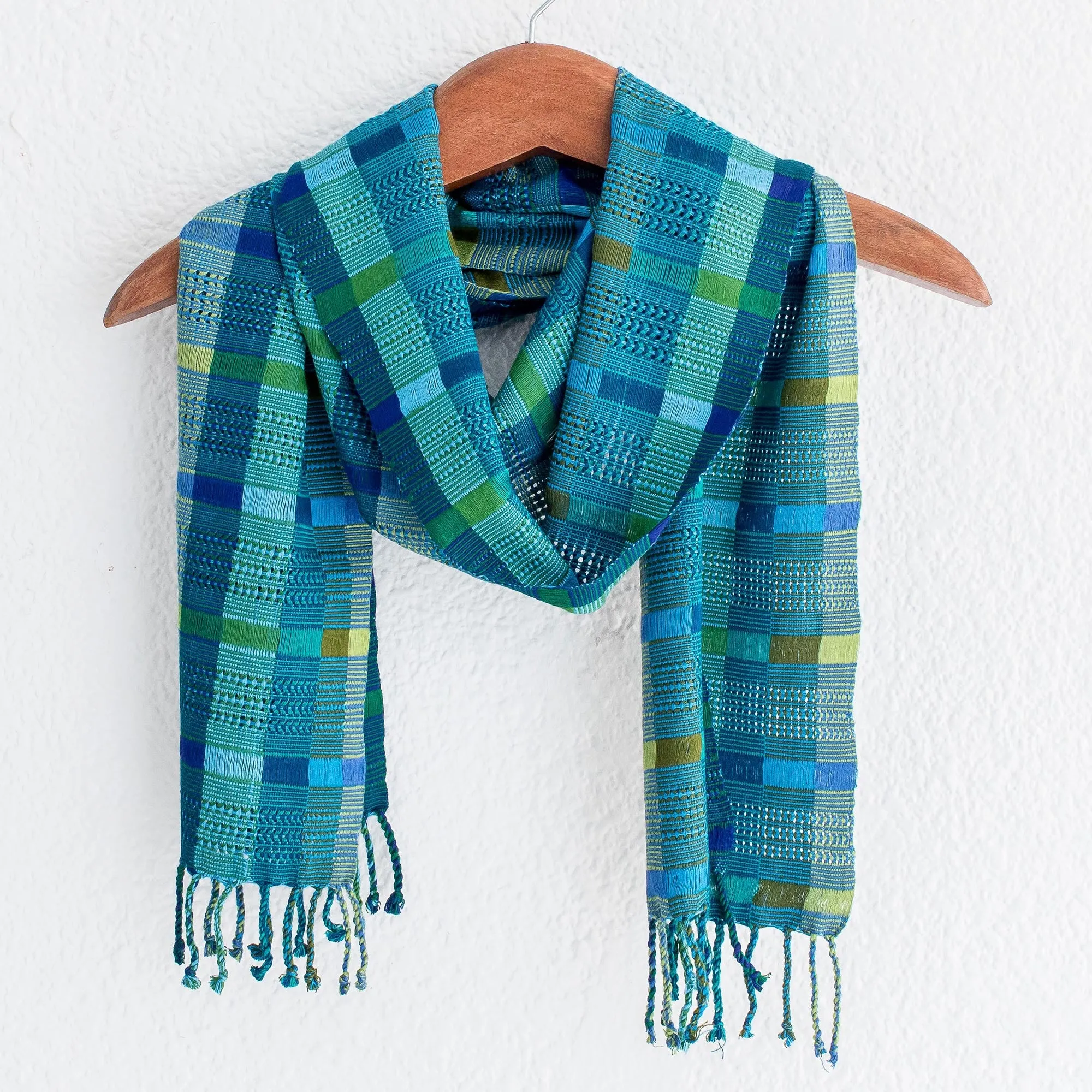 Hand Loomed Blue Cotton Scarf - Fresh Lagoon | NOVICA