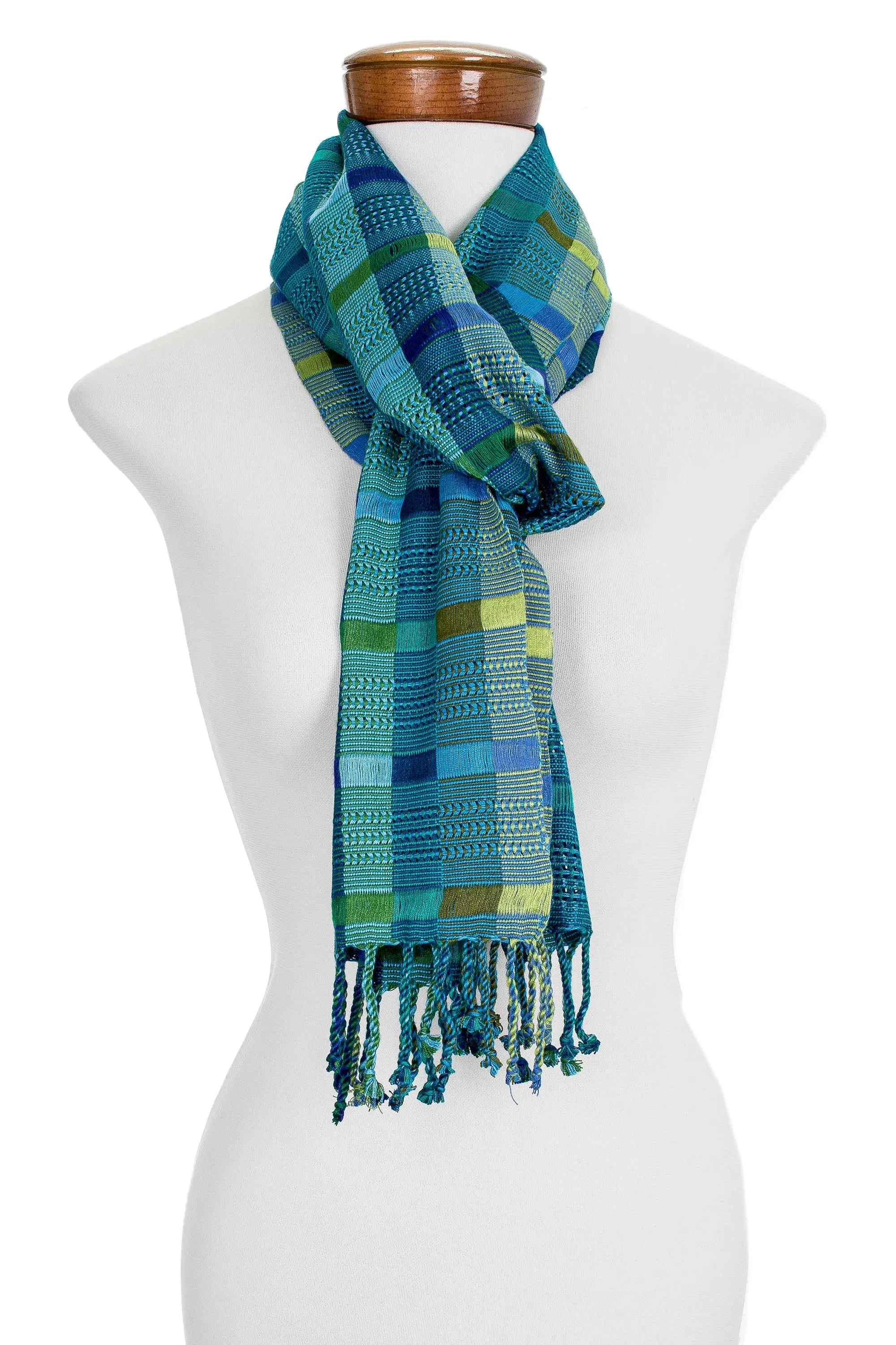 Hand Loomed Blue Cotton Scarf - Fresh Lagoon | NOVICA