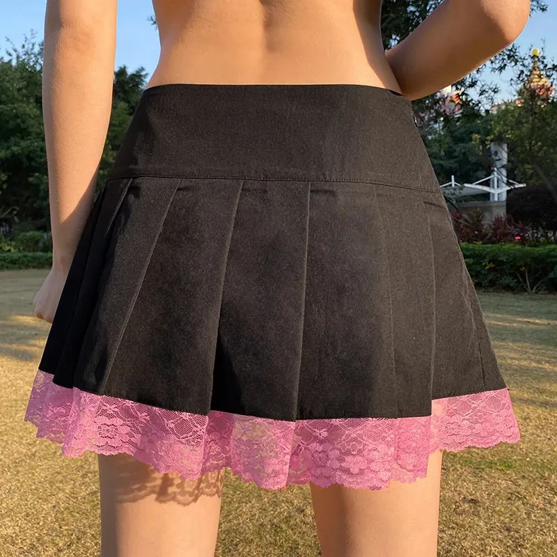 Harajuku Gothic Dark Academia Lace Trim Pleated Skirt Vintage Tie Up High Waist Skirt Mini Woman Goth Skirts 90s