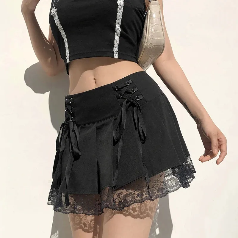 Harajuku Gothic Dark Academia Lace Trim Pleated Skirt Vintage Tie Up High Waist Skirt Mini Woman Goth Skirts 90s