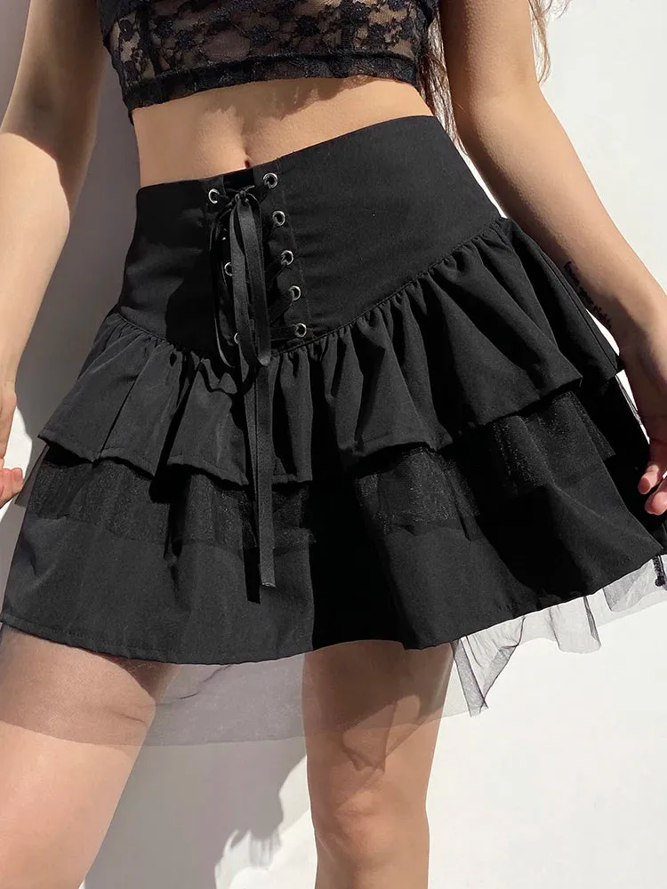 Harajuku Gothic Dark Academia Lace Trim Pleated Skirt Vintage Tie Up High Waist Skirt Mini Woman Goth Skirts 90s