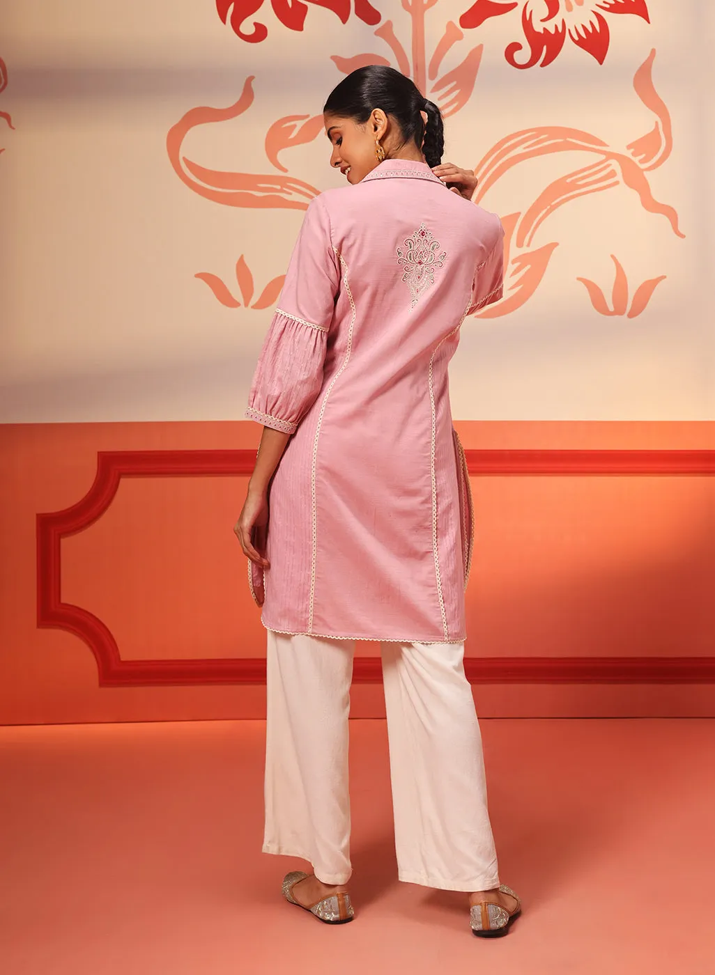 Hayaat Turkish Rose Pink Embroidered Cotton Linen Tunic for Women