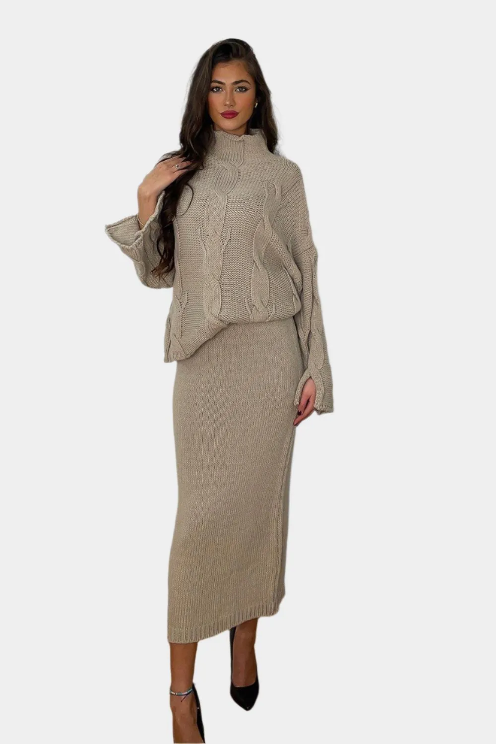 High Neck Braid Knit Pullover And Midi Skirt Set