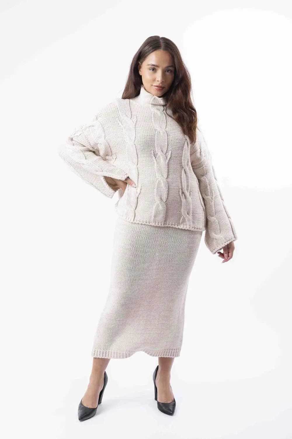 High Neck Braid Knit Pullover And Midi Skirt Set