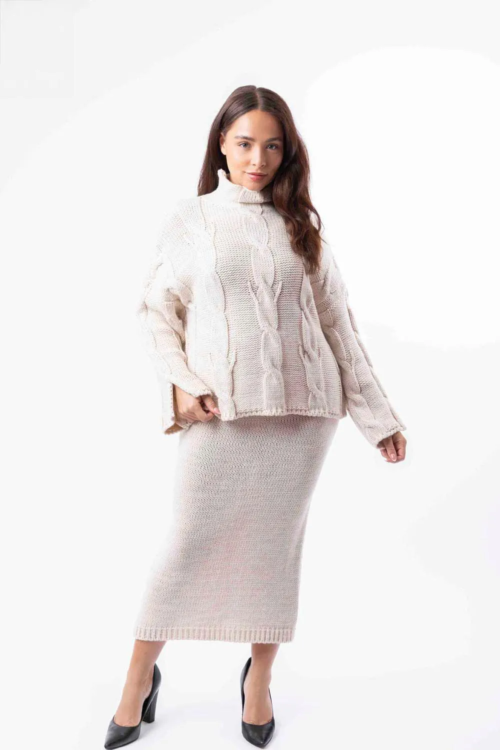 High Neck Braid Knit Pullover And Midi Skirt Set