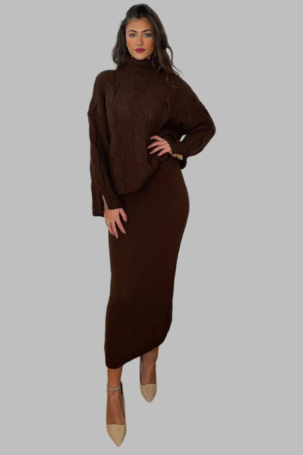 High Neck Braid Knit Pullover And Midi Skirt Set