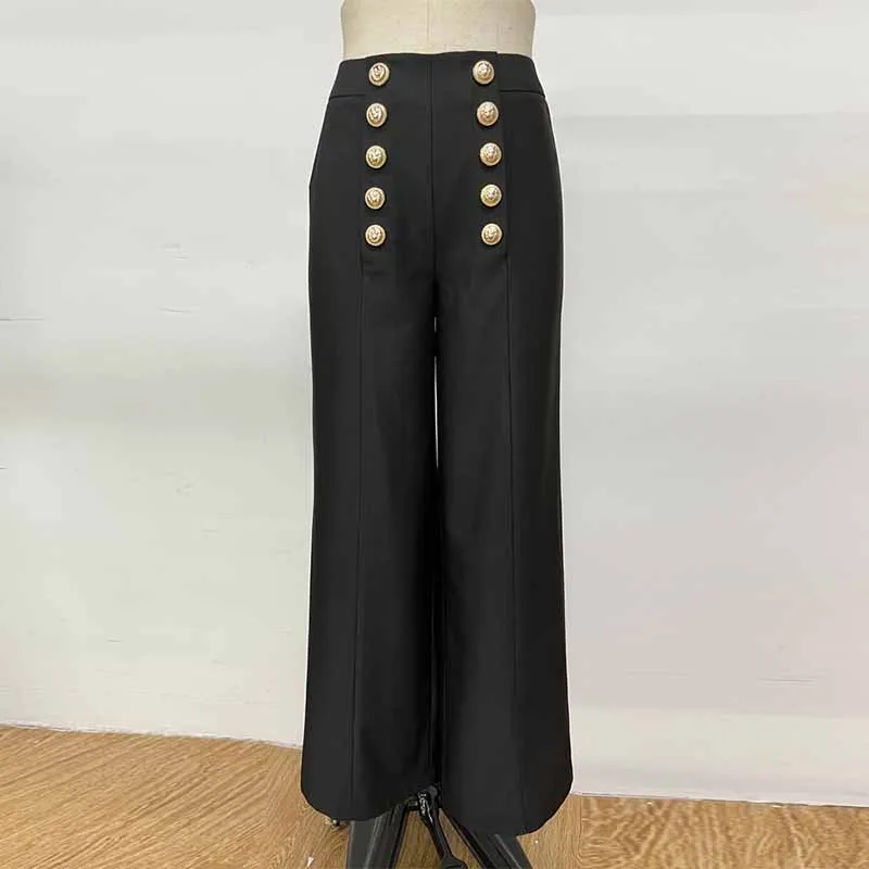 High Waist Wide Leg Pants With Gold Button Trousers