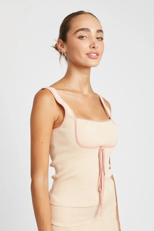 Hot Girl Frenchy Contrast Seam Ribbon Ribbed Tank Top In Cream