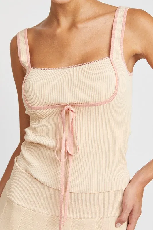 Hot Girl Frenchy Contrast Seam Ribbon Ribbed Tank Top In Cream