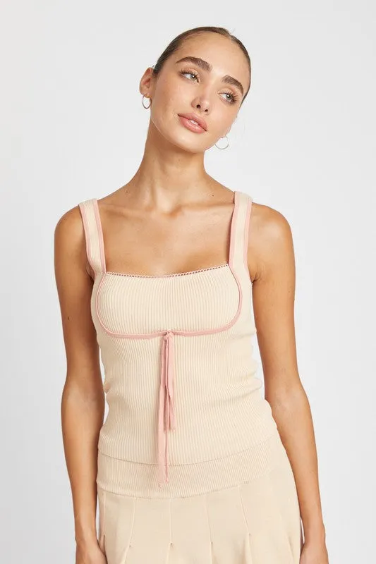 Hot Girl Frenchy Contrast Seam Ribbon Ribbed Tank Top In Cream