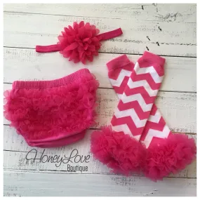 Hot Pink and White Chevron leg warmer, bloomer and headband set