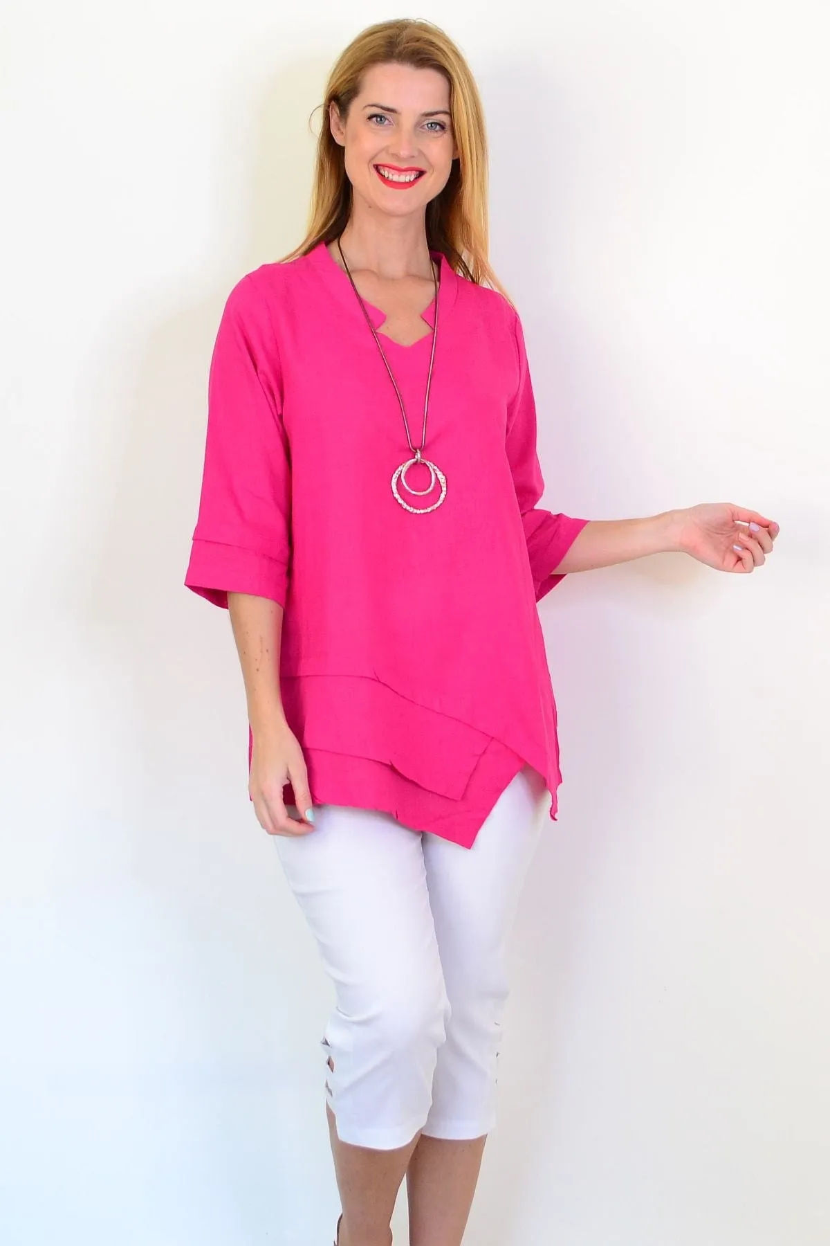 Hot Pink Linen Blend Tunic Top