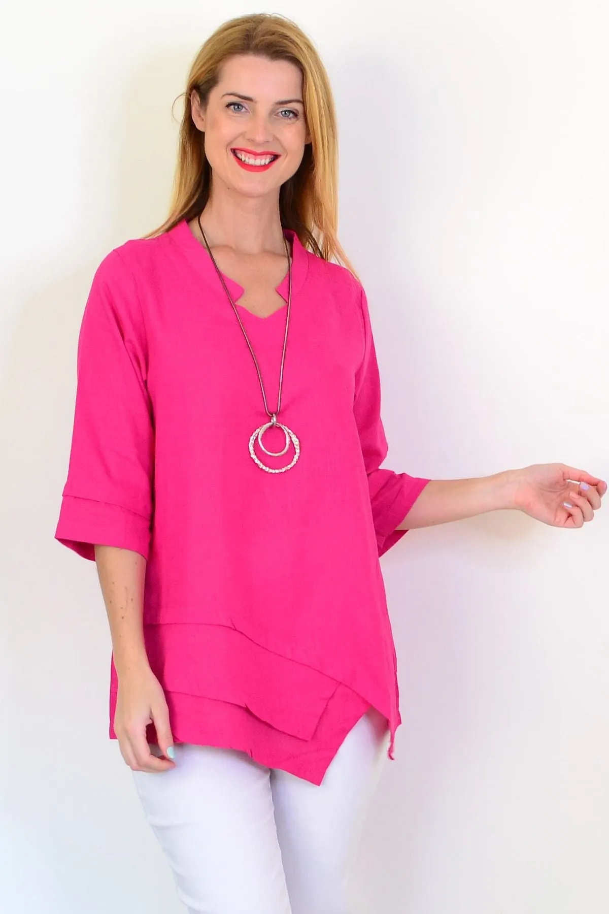 Hot Pink Linen Blend Tunic Top