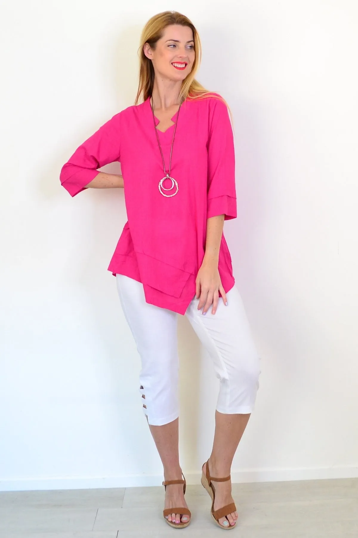 Hot Pink Linen Blend Tunic Top