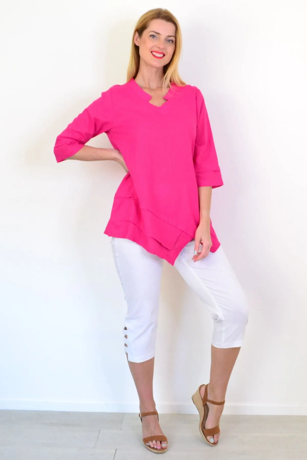 Hot Pink Linen Blend Tunic Top