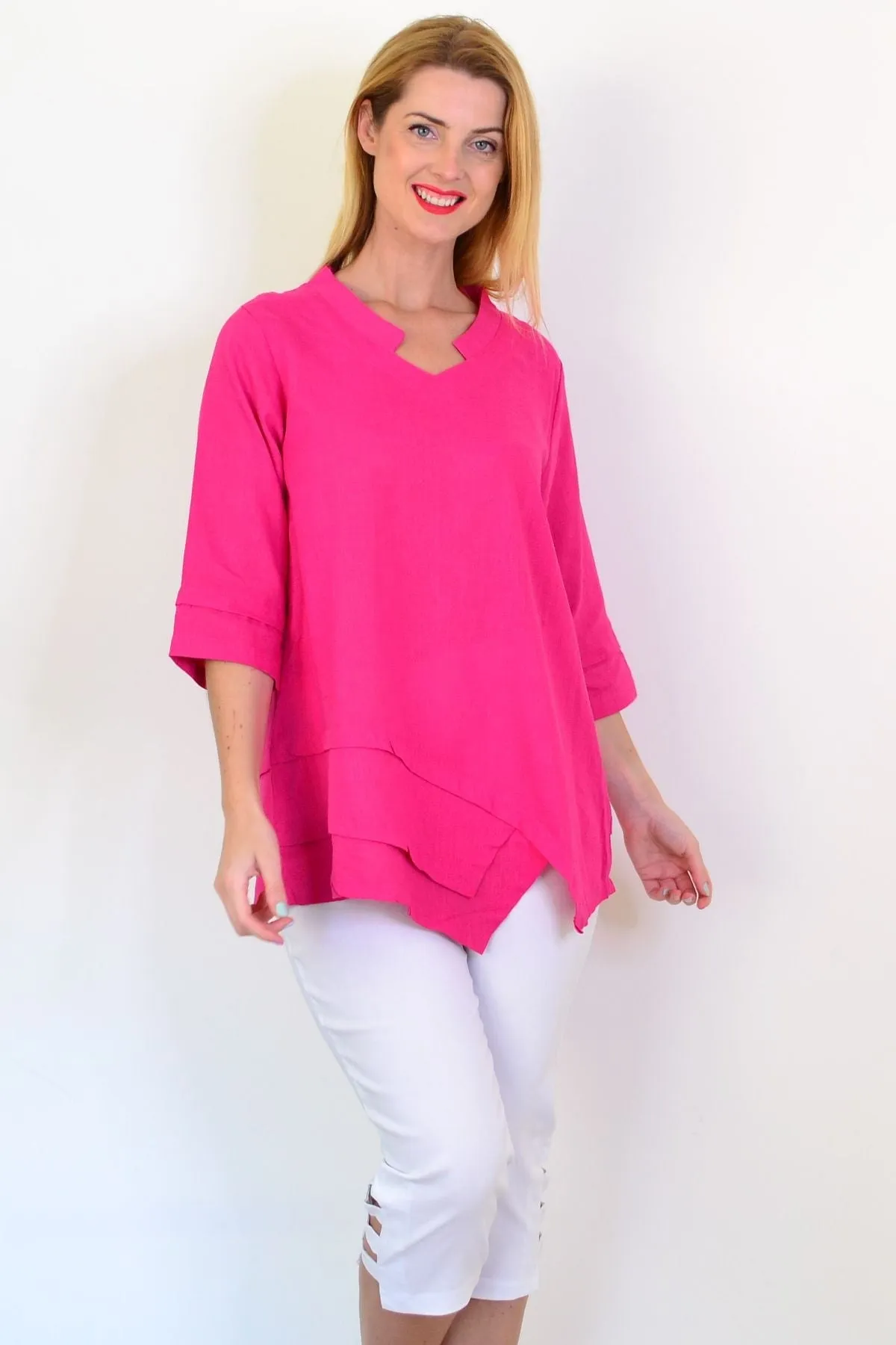 Hot Pink Linen Blend Tunic Top