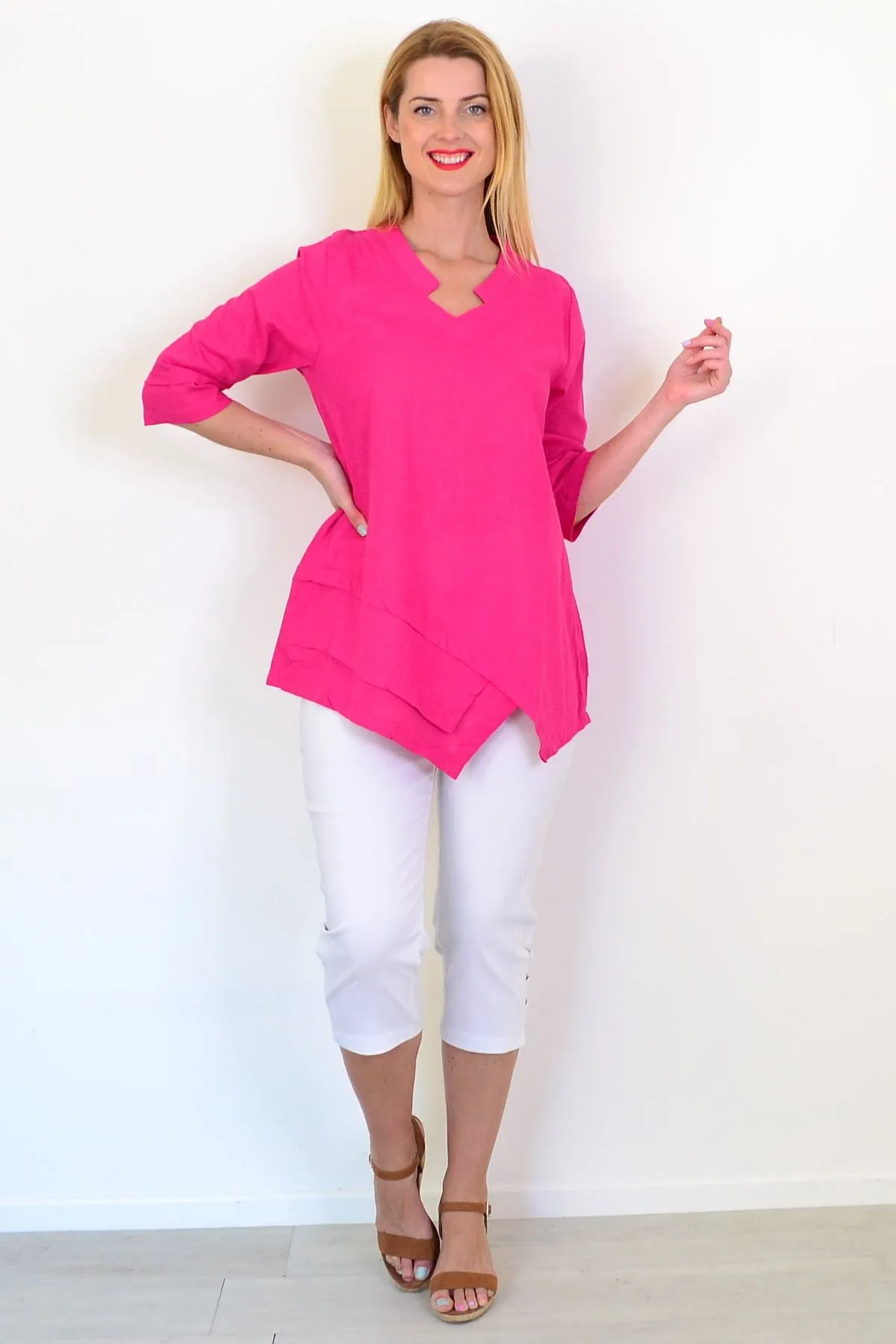 Hot Pink Linen Blend Tunic Top