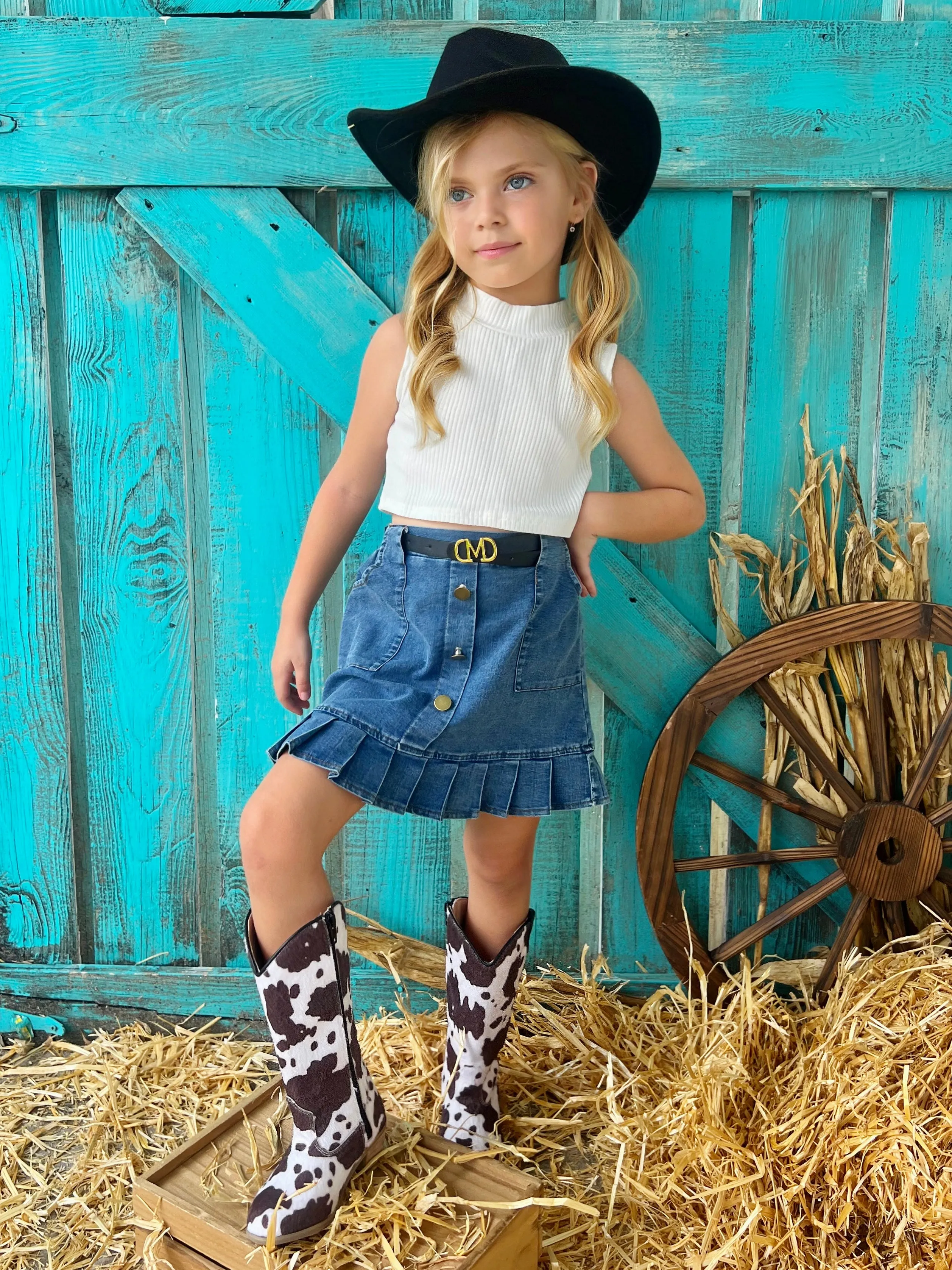 Howdy Turtleneck Tank and Pleated Denim Skirt Set