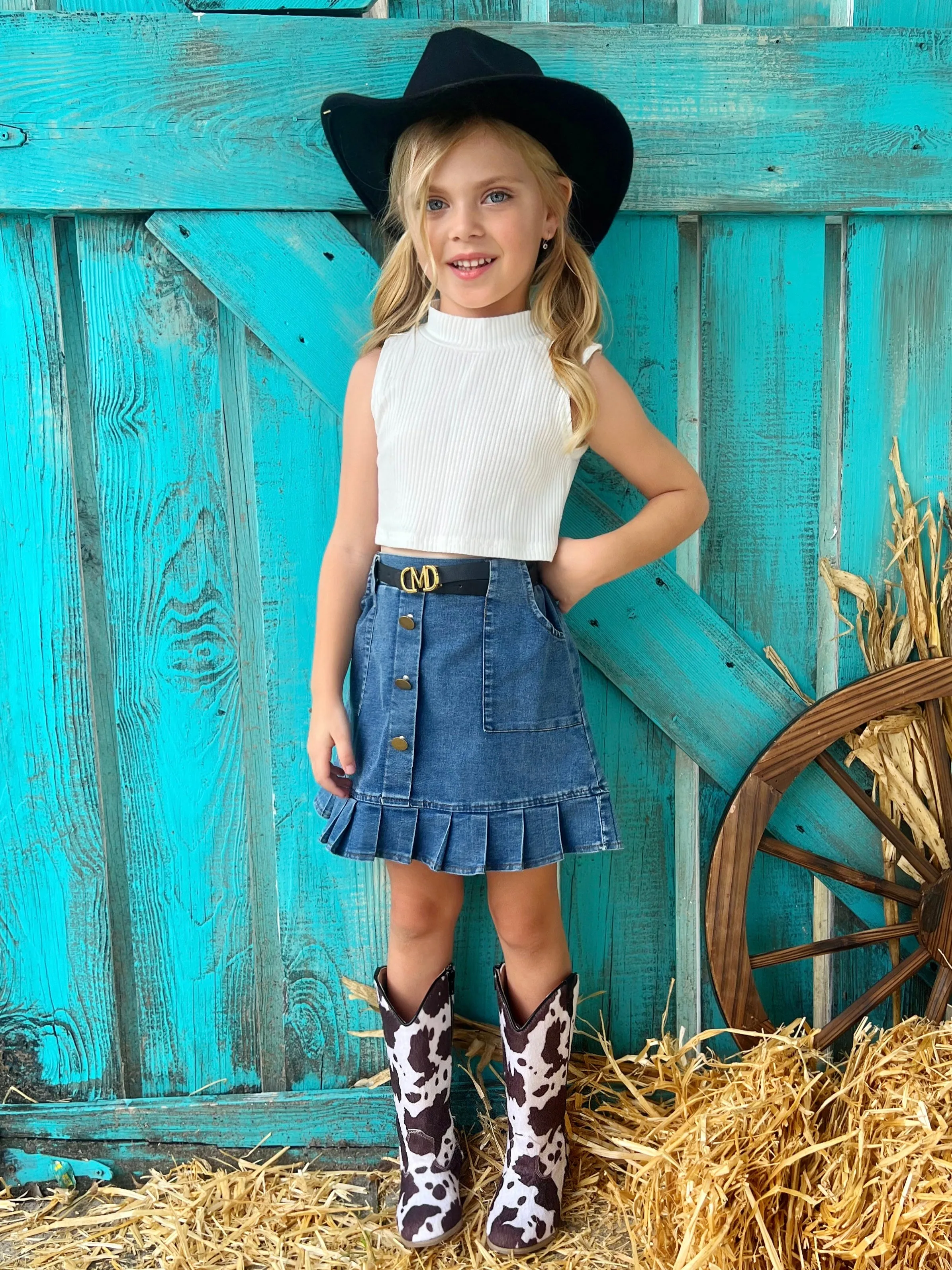 Howdy Turtleneck Tank and Pleated Denim Skirt Set