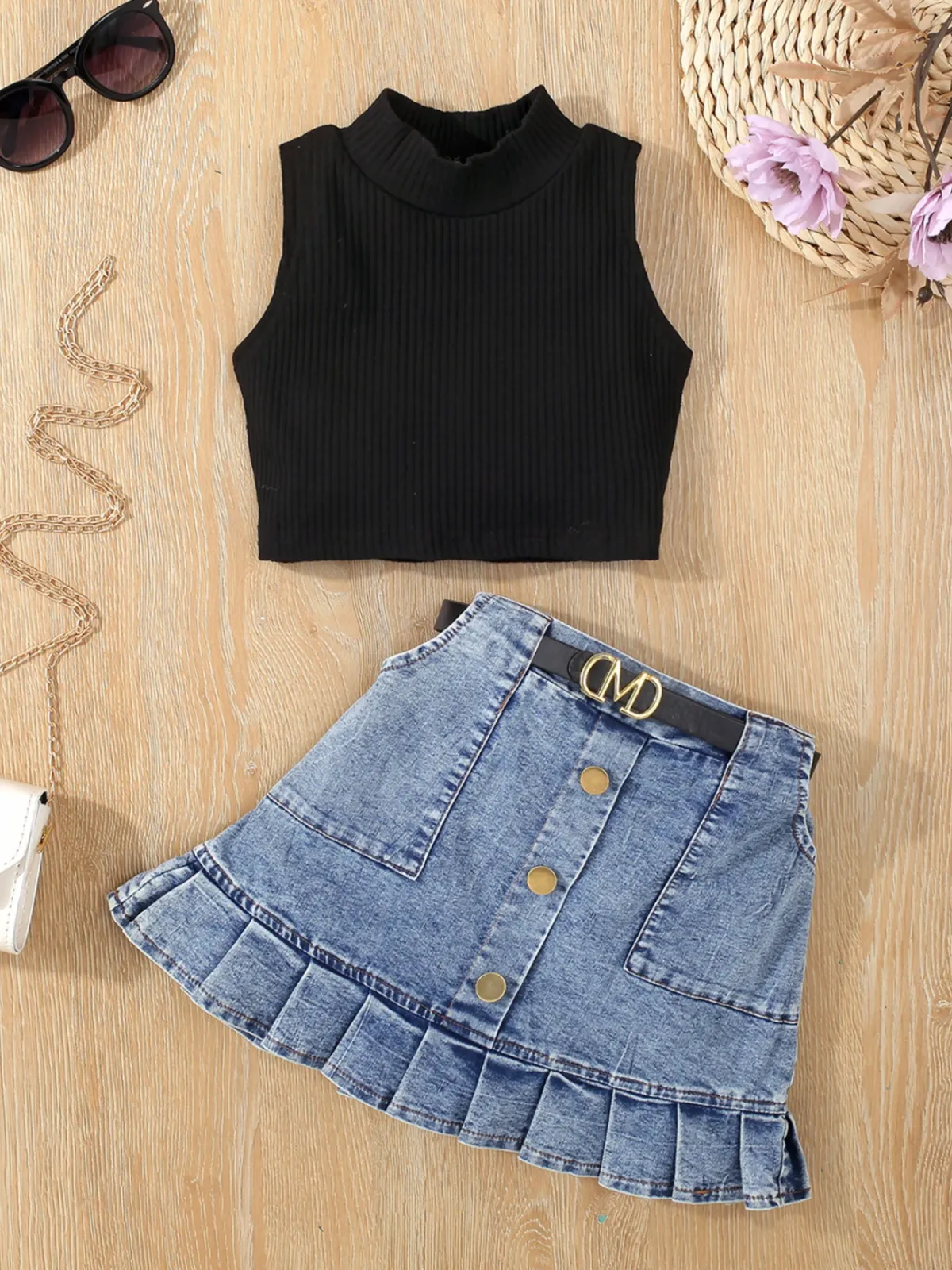 Howdy Turtleneck Tank and Pleated Denim Skirt Set