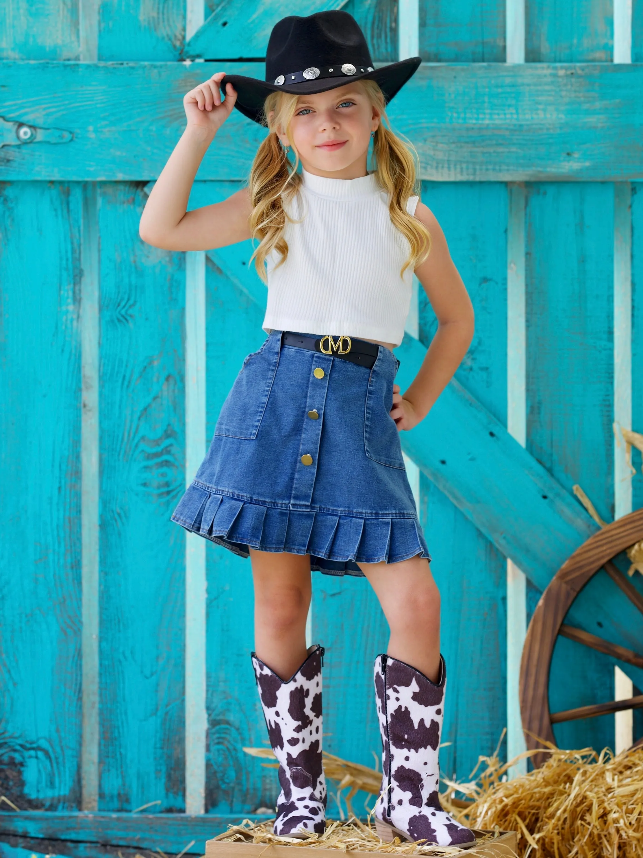 Howdy Turtleneck Tank and Pleated Denim Skirt Set