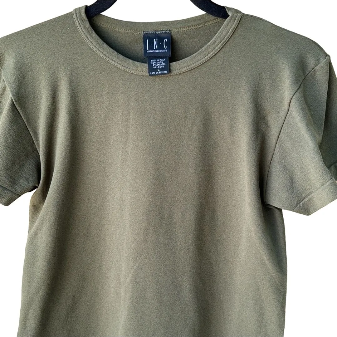 INC Women's Olive Green Crew Neck Linen Spandex Stretch Short Sleeve Shirt - L