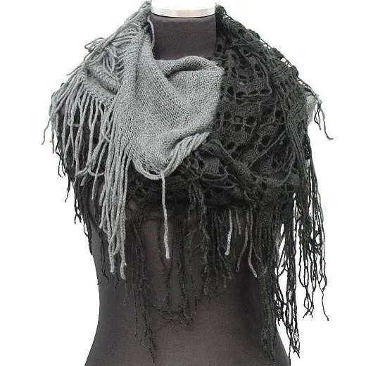 Infinity Scarf w/ Open Knit & Fringe-Black/Grey