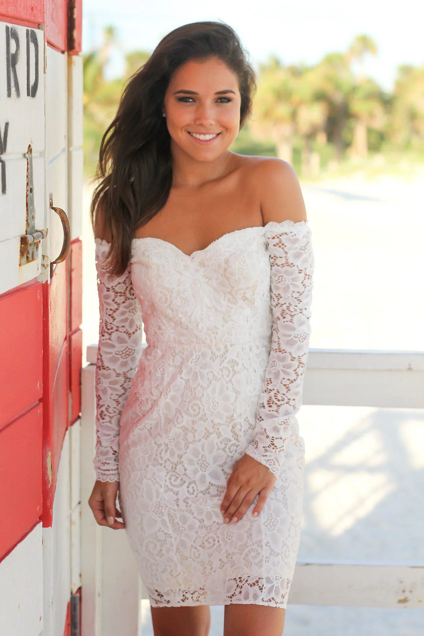 Ivory Lace Off Shoulder Short Dress with Long Sleeves