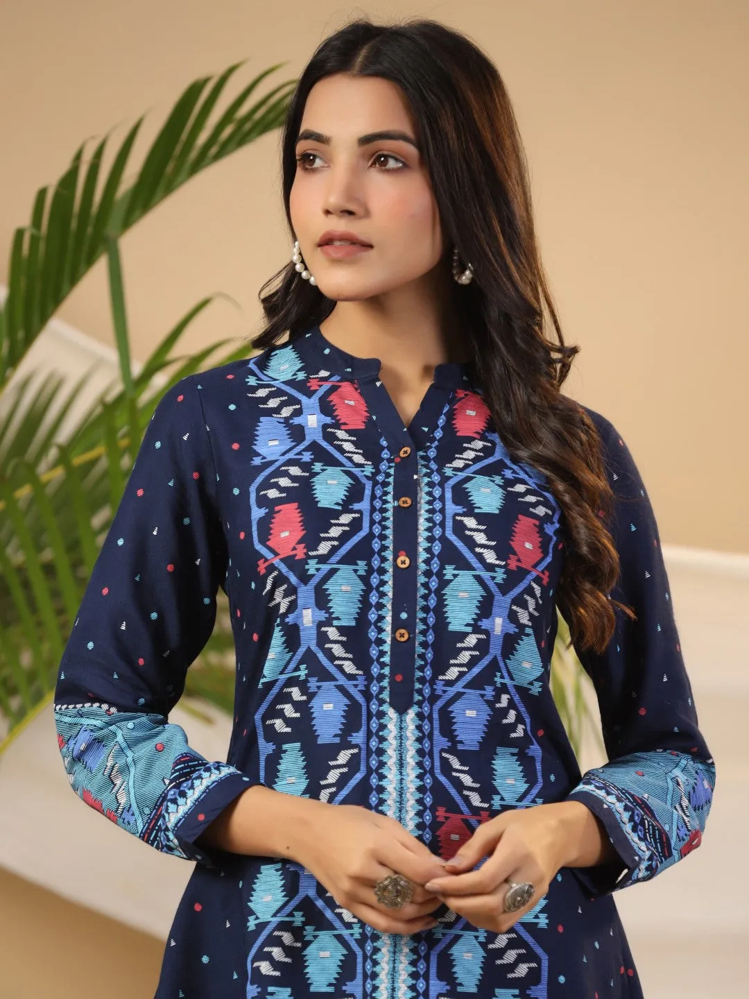 Jashvi Navy Blue Geometric Printed Rayon Slub Long Cuff Sleeves Tunic