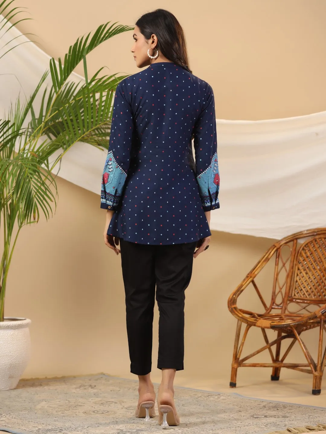 Jashvi Navy Blue Geometric Printed Rayon Slub Long Cuff Sleeves Tunic