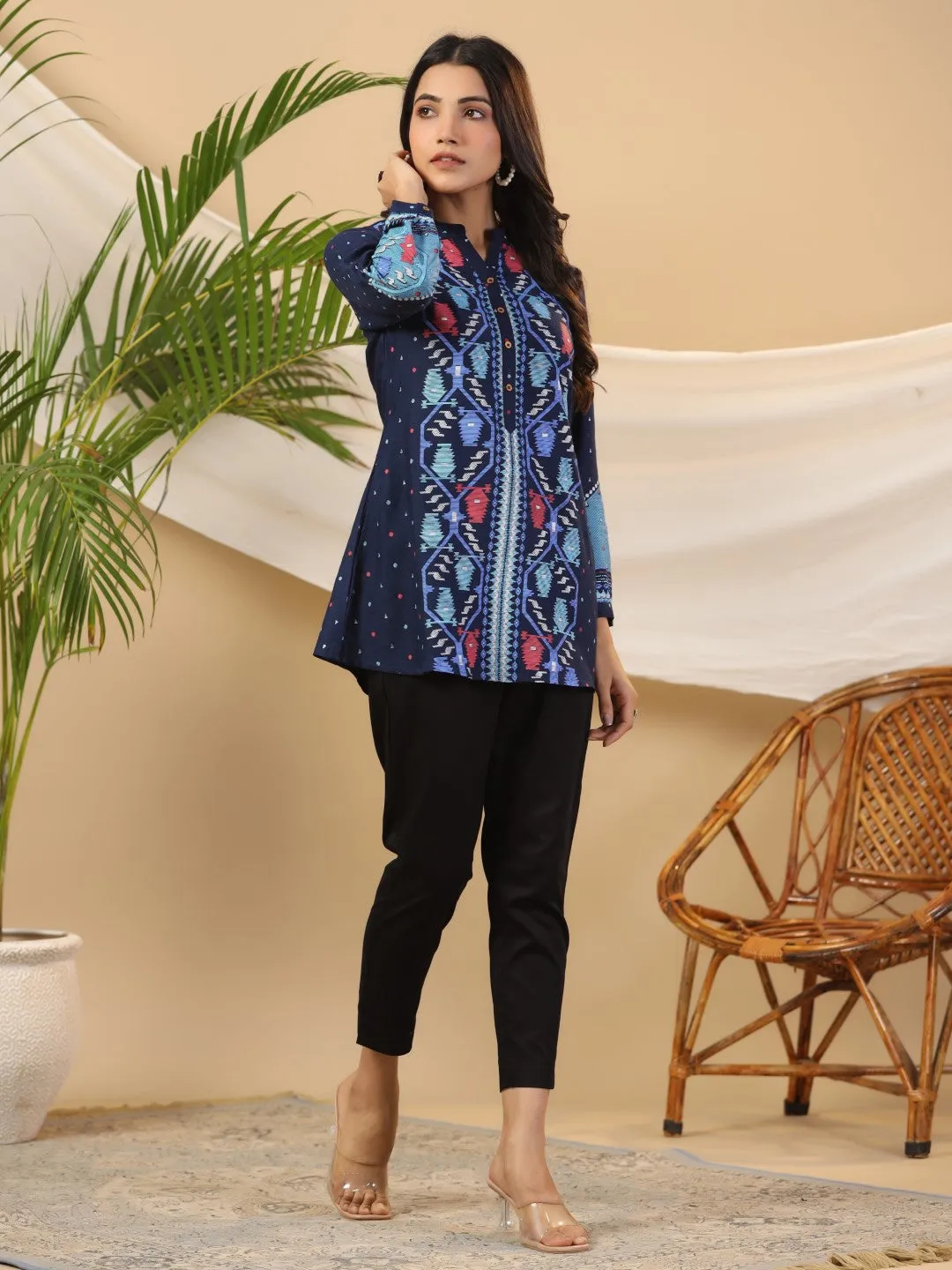 Jashvi Navy Blue Geometric Printed Rayon Slub Long Cuff Sleeves Tunic