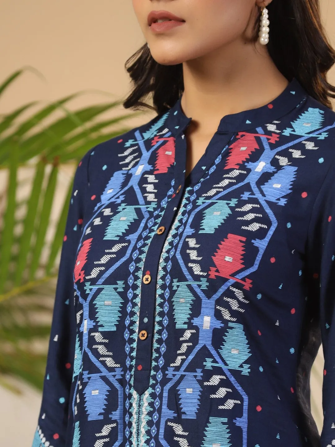 Jashvi Navy Blue Geometric Printed Rayon Slub Long Cuff Sleeves Tunic