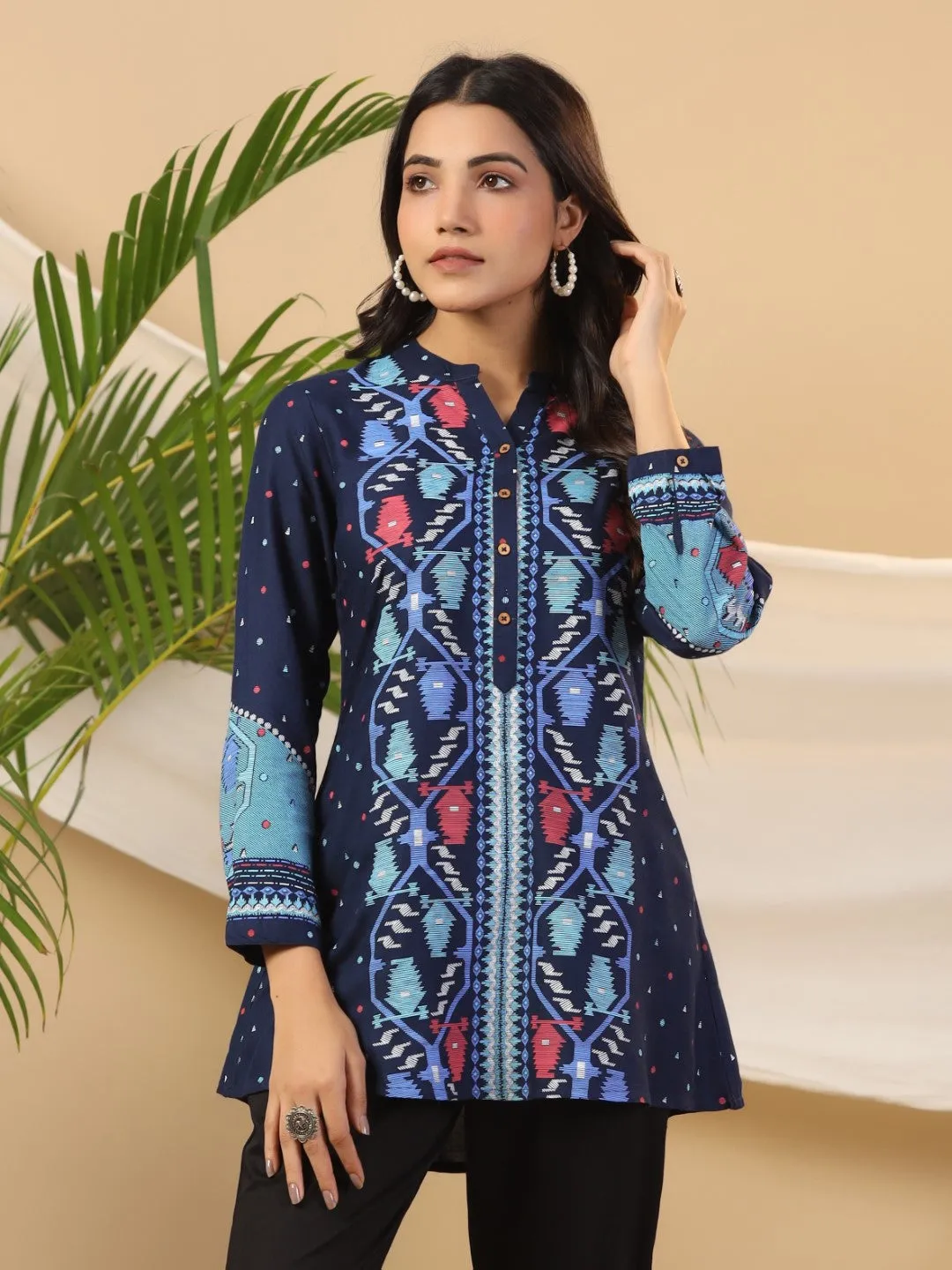 Jashvi Navy Blue Geometric Printed Rayon Slub Long Cuff Sleeves Tunic