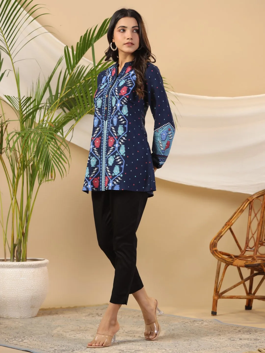 Jashvi Navy Blue Geometric Printed Rayon Slub Long Cuff Sleeves Tunic