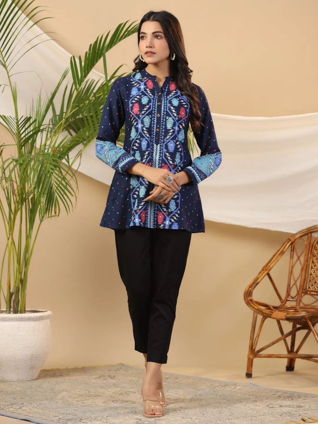 Jashvi Navy Blue Geometric Printed Rayon Slub Long Cuff Sleeves Tunic